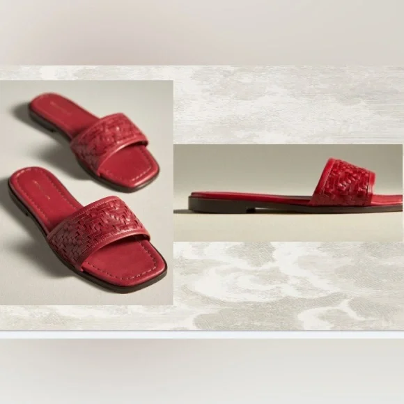 Anthropologie Leather Red Woven Slide Sandals/Size US 6-6.5 / EU 37 - Picture 2 of 4